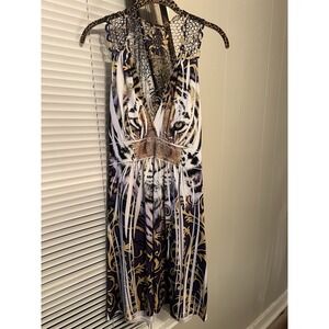 Tiger Face Rhinestone Crochet Lace Back Dress Purple Gold Baroque LSU L/XL